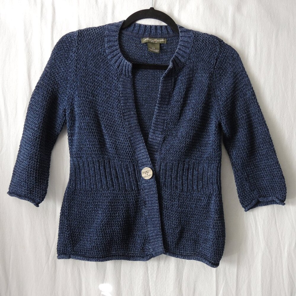 4/$25 Eddie Bauer Cropped Cardigan Sweater Dark Blue One Button 3/4 Sleeves